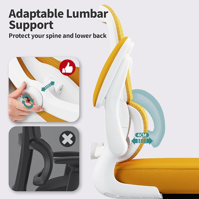 TRALT Office Chair - Ergonomic Desk Chair with Adjustable Lumbar Support, Mesh Computer Chair, Executive Chairs for Home Office Comfortable Lumbar Support (White Yellow)
