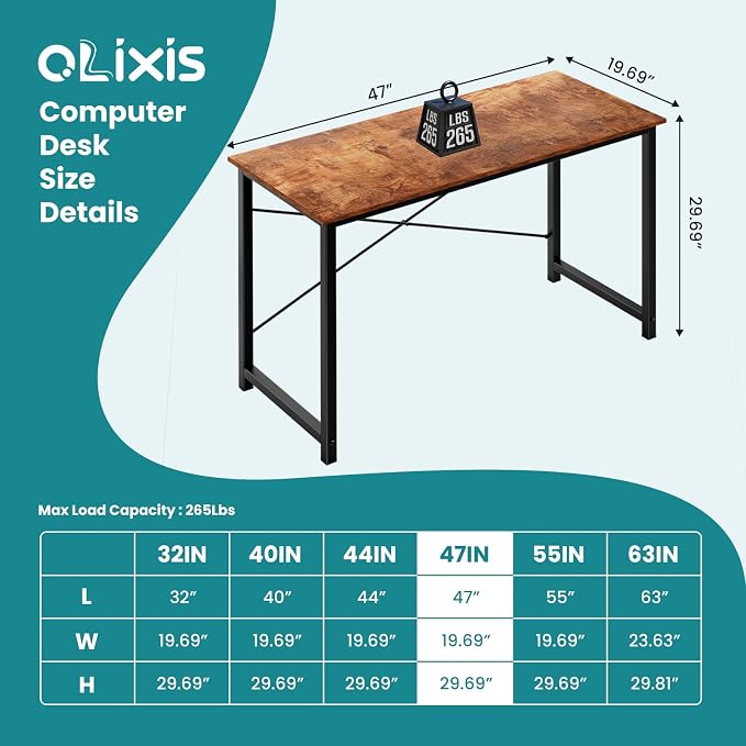 OLIXIS Computer Desk, Home Office Desk with Metal Frame, 47 Inch Gaming Writing Work for Bedroom Study Table, Sturdy Metal Frame, Durable Design with Easy Assembly, Simple Rustic Style