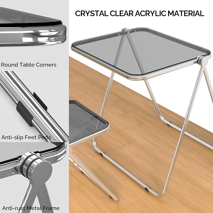 VINGLI Folding Acrylic Table and Chair Set Small TV Tray for Snack Dinner on Couch, Tiny Foldable Desk Writing Desk for Home Office for Small Spaces (Grey)