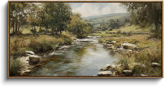 InSimSea Extra Large Framed Vintage Wall Art, Living Room Country Farmhouse Decor, River Rolling Hills Landscape Canvas Prints, Retro Scenery Long Picture for Bedroom Above of Bed, 20x40inch