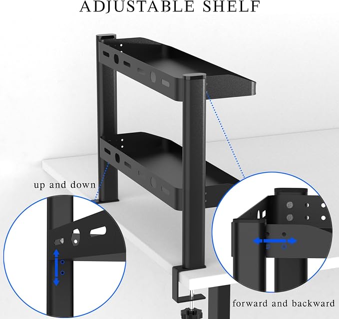 Clamp on Desk Shelf, 17in 2-Tier Office Desk Shelves Organizer, Small Shelf for Top of Desk with Headphone Holder and Hooks, Desktop Storage Rack for Home Workspace, Study Rooms, Gaming Accessories