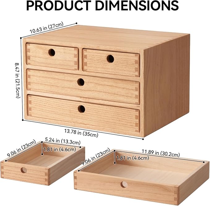 KIRIGEN Wood Desk Organizer with 4 Drawers, Desktop Storage, Natural 34-NA | 3-Tier Solid Wood Cabinet Holds Letter-Size Paper, Mail, Makeup, Crafts, and Home Office Supplies, Fully Assembled