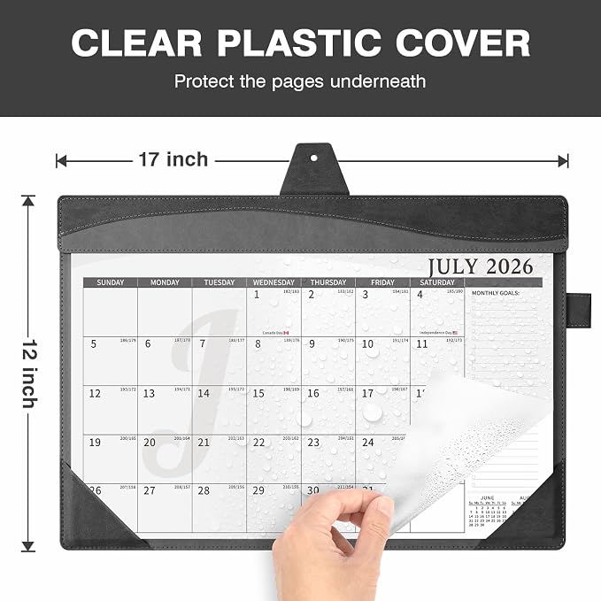 Ospelelf Leather Desk Calendar 2026-2027 Large 12"x17" Monthly Planner Pad with Protective Cover 18 Months Use July 2026 to December 2027 Black