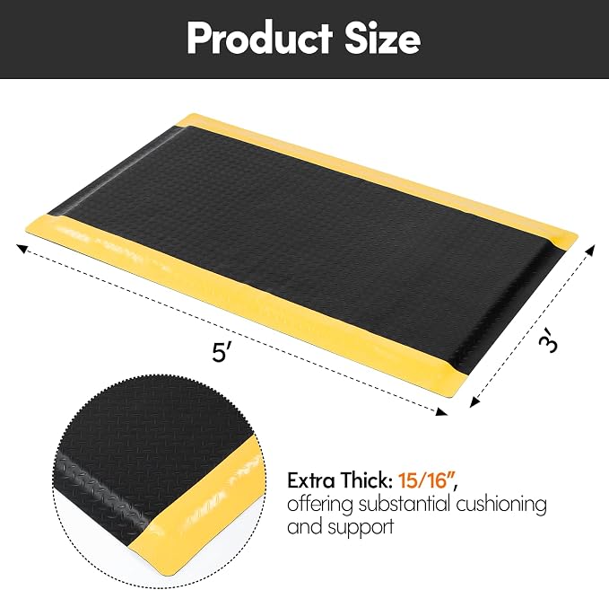 Anti Fatigue Mats Industrial 3' x 5' 15/16" Thick Ergonomic Standing Mat Commercial Kitchen Mat Heavy Duty Diamond Plate Shop Floor Mats Helps Relieve Back and Leg Soreness