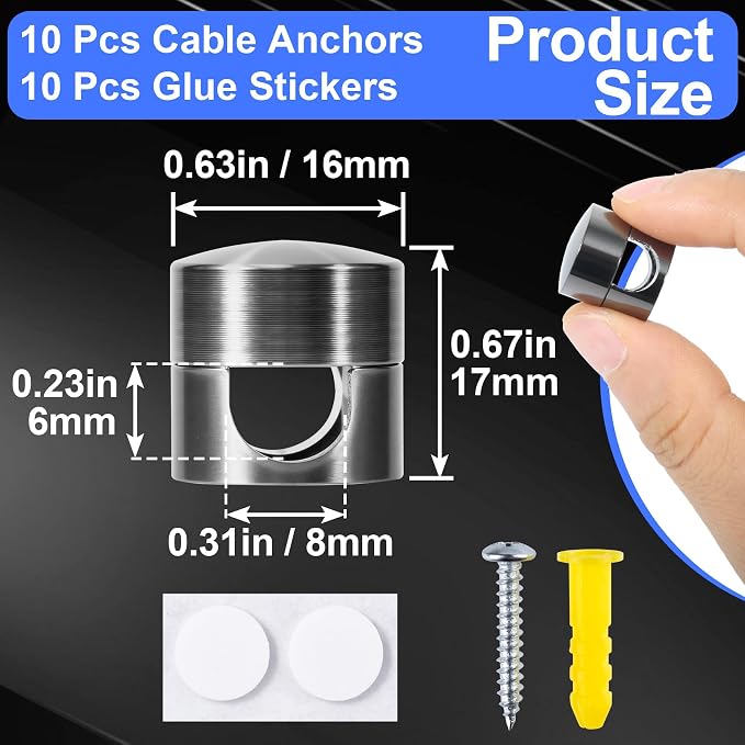 SmallCat 10 Sets Charger Holders for Cords, Black Color Adjustable Cable Anchor Holders, Adhesive Metal Cord Clips, Cable Management Wire Organizers for Desk, Office, Nightstand