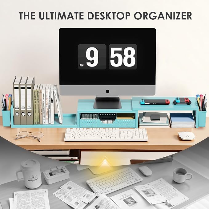 OPNICE Desk Organizers and Accessories, Dual Monitor Stand Riser with Drawer and 2 Pen Holders, Desk Shelf Metal Computer Monitor Stand for Office Workspace Organizers, Desktop Organization (Blue Metal)
