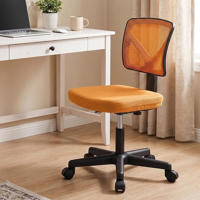 Sweetcrispy Ergonomic Low-Back Mesh Small Office Chair, Rolling Work Swivel Chairs with Wheels, Armless Comfortable Seat Lumbar Support for Home, Bedroom, Study, Student, Adults, Orange
