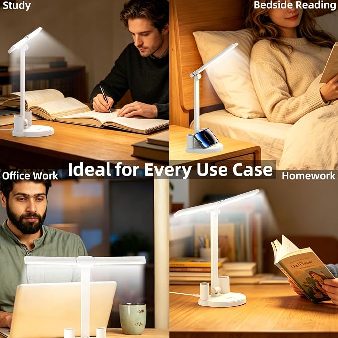 LED Desk Lamp for Home Office Bedroom, Battery Operated Dimmable Table Lamp with Pen Holder, 3 Color Modes, Small, Dimmable, Rechargeable, Phone Mount, Touch Control