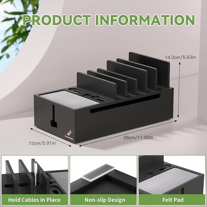Pezin & Hulin Bamboo Cable Management Box, No Power Adapter -Black | Wire Organizers for Cords, Charge Station Box, Desktop Dock Organizer Rack for Electronic Device (Include 6 Cables)
