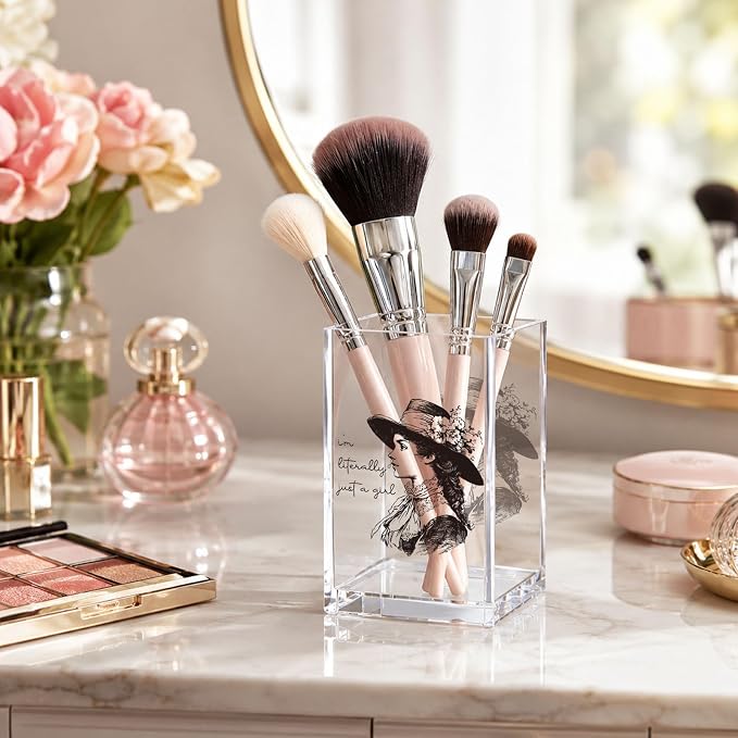 Acrylic Pen Holder Cup, Vintage Aesthetic Desk Decor, “I’m Literally Just a Girl” Pencil Holder Organizer, Black and White Fashion Style Office Accessories, Gift for Women