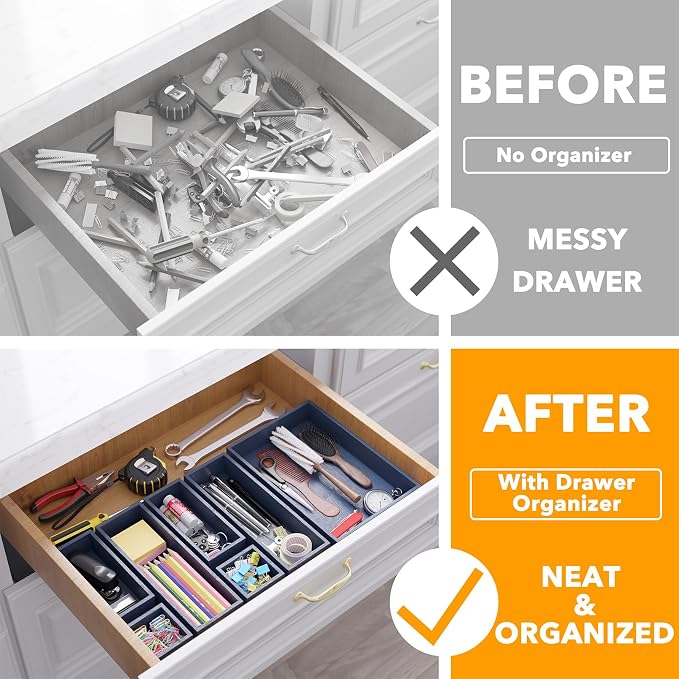 SpaceAid 7-Piece Bamboo Drawer Organizer Storage Boxes Set, Wood Tray Junk Drawer Organizers Multi-Use Divider Bins for Kitchen, Bathroom, Office Desk and Makeup Organization (7 Pack, Navy Blue)
