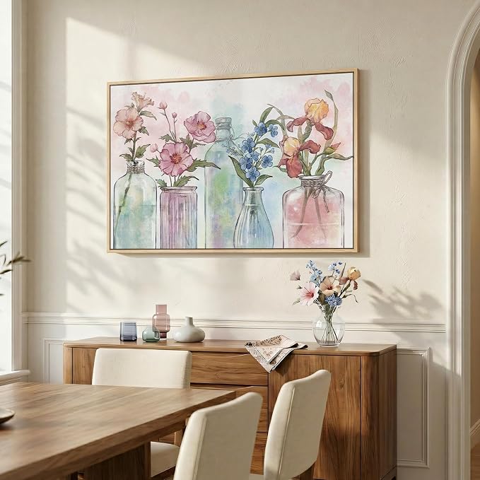 Framed Colorful Floral Wall Art, Modern Botanical in Vase Canvas Prints Painting, Pastel Watercolor Flower Wildflower Pictures for Living Room Bedroom Dining Room Bathroom Room Wall Decor, 24x36 Inch
