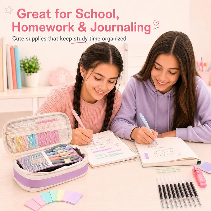 Aesthetic School Supplies with Pencil Pouch - 57 Pcs Cute College Essentials Set, Big Capacity Pen Case, Eraser Holder, Pastel Highlighters, Bible Study Journaling Stationary Kit for Girls Teens