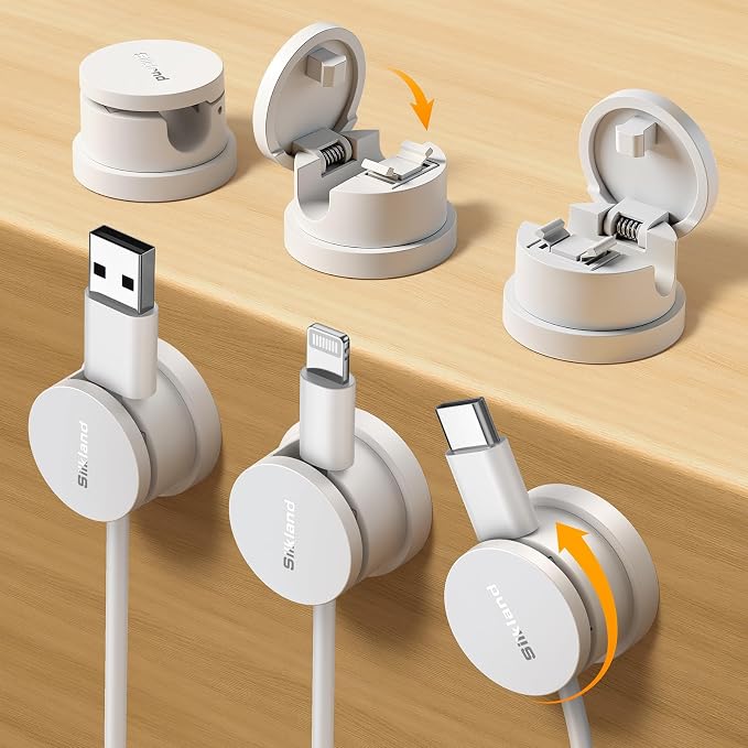 Silkland 6 Pack Snap-Lock Cable Clips, 360° Rotatable Cord Holder for Desk | Anti-Pull-Out Cord Organizer, Adhesive Phone Charger Holder Cable Management For Nightstand Wall Car, Home Office Accessories