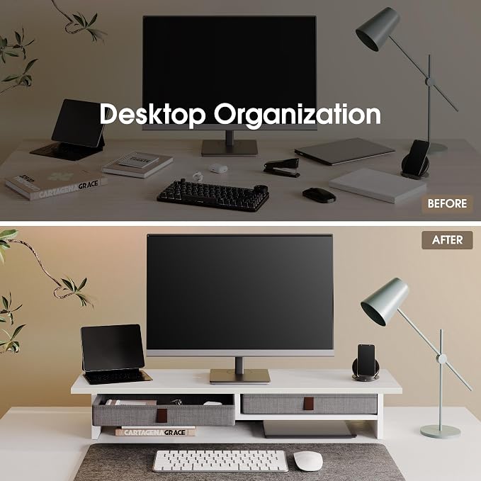 Fenge 35 Inch Monitor Stand with Drawer Storage, Computer Riser for Desk | Wooden Computer Shelf, 2 Tiers, for Dual Monitor/Laptop/PC/TV/Printer up to 55Lbs, Home Office Desk Organizer