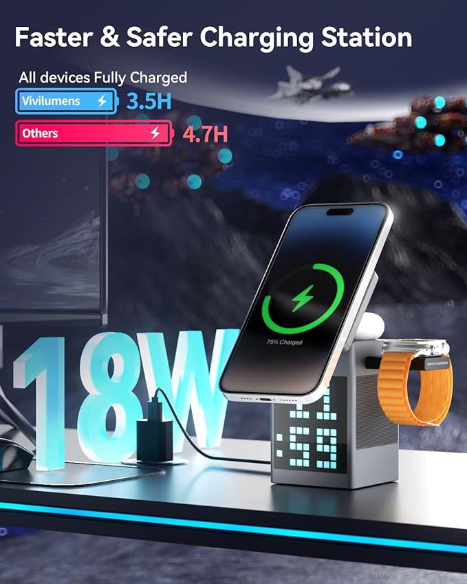 Vivilumens 3-in-1 Wireless Charging Station with Bluetooth Speaker, Digital Alarm Clock, Pixel Display for MagSafe iPhone 17/16/15, Apple Watch, AirPods, Fast Charging, Compact Desk Organizer
