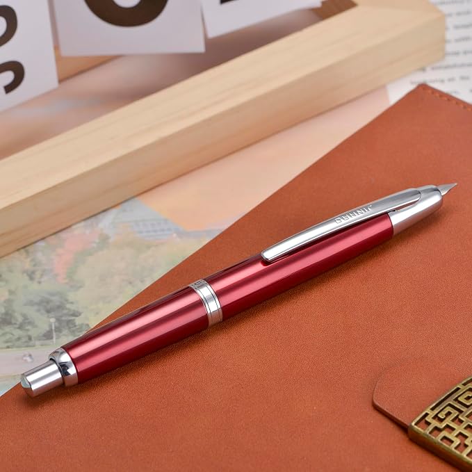 Jinhao 10 Press Fountain Pen with Box, Rose Red Retractable Medium Nib with Ink Converter Set (Silver Clip)