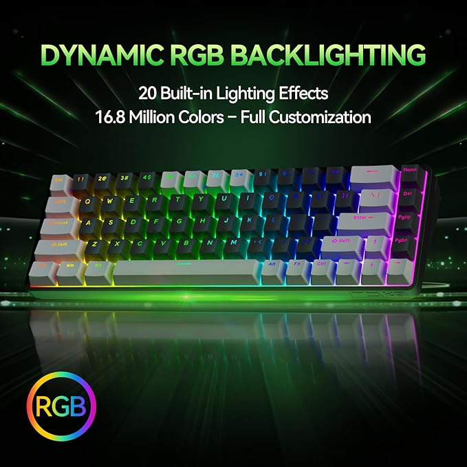 TMKB T68 60% Wireless Mechanical Gaming Keyboard, Tri-Mode BT5.0/2.4GHz/USB-C with Clicky Blue Switch, RGB Backlight, Anti-Ghosting, Compact 68 Keys, Wired/Wireless, Gray/Black