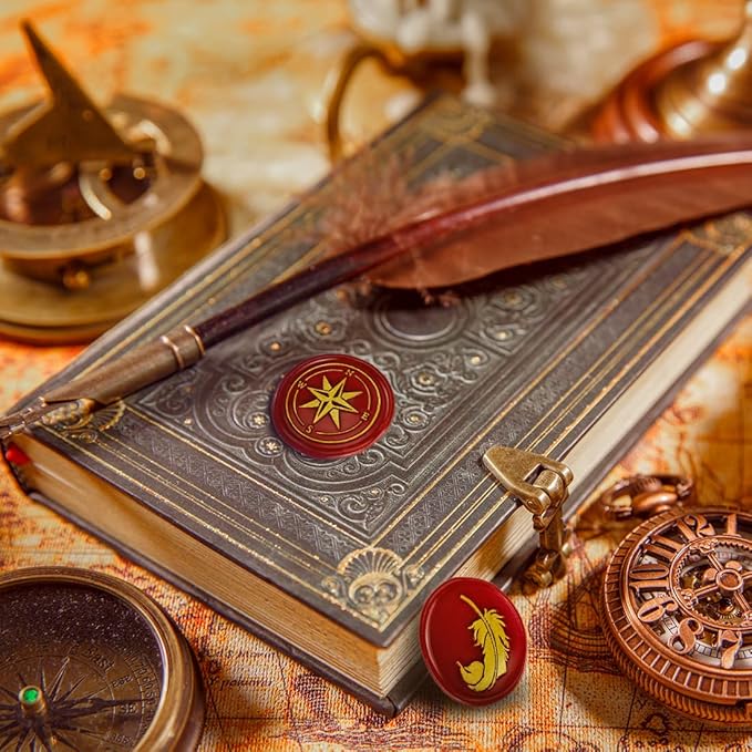 Wax Seal Stamp Kit, 6 pcs Brass Head Wax Stamp & 1 Wooden Handle, 6 Designs (Anchor, Feather, Fleur-de-lis,Compass, with Love, Rose Flower)