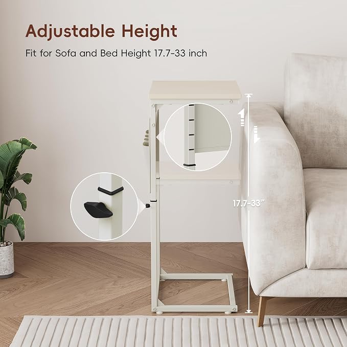 Vagusicc C Shaped End Table, 32'' Tall Side Table for Couch, Adjustable Height Small Couch Side Table for Small Spaces, End Table Slide Under Sofa Table TV Tray Table Arm Table for Living Room