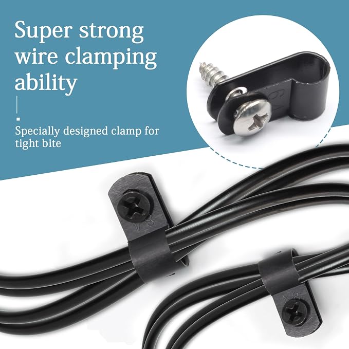 50 Pcs 1/4 Inch Black Nylon Cable Clip Wire Clamp | R-type, 6.4mm, Screw Mounting, Stainless Steel Screws Included, Wire Management