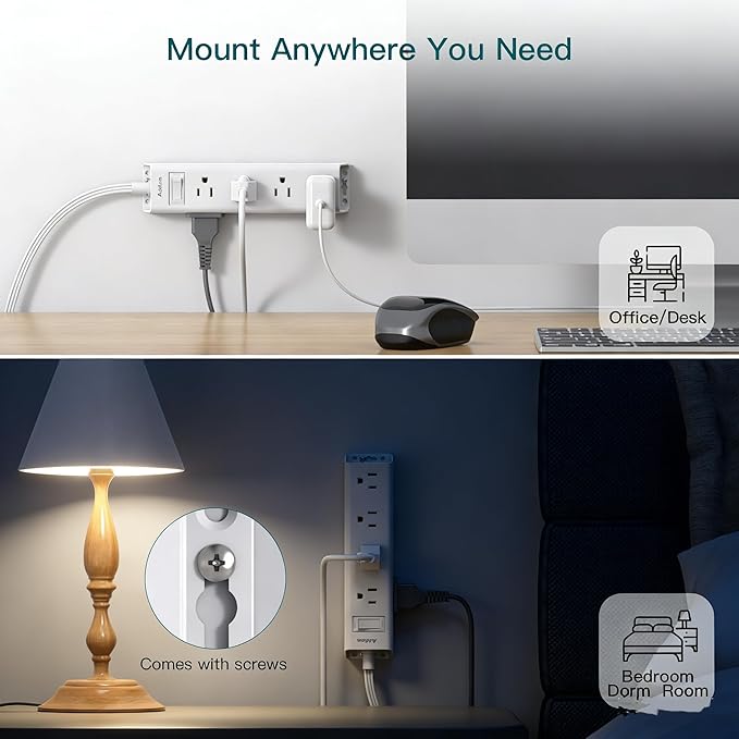 Addtam Power Strip Surge Protector with 12 Outlets, Flat Plug Extension Cord 6FT, Ultra Thin Wall Plug, 3-Side Wide Outlet Extender, Wall Mount Desk Charging Station for Home Office Dorm Room, White