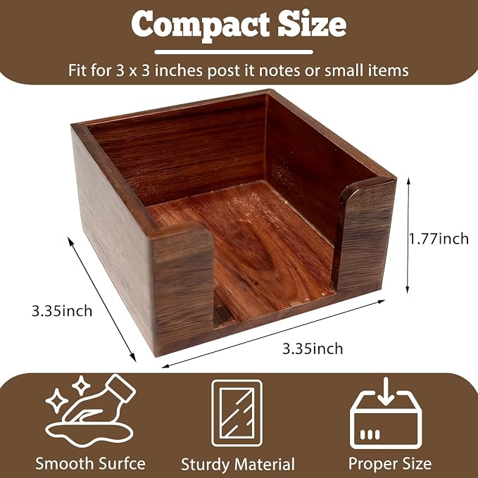 Wood Sticky Note Holder, 3x3 Crystal Clear Notepad Holder with Anti-Slip Base Post It Note Holder Sticky Note, Dispenser for Office Desk, Home Organizer
