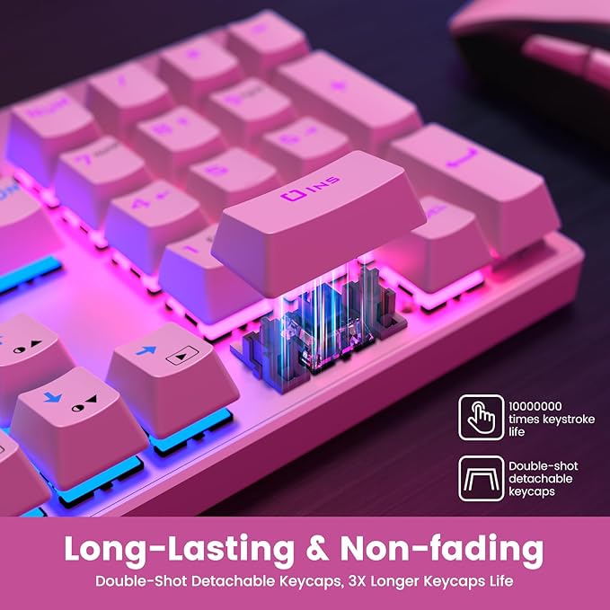 RisoPhy Mechanical Gaming Keyboard, RGB 104 Keys Ultra-Slim Backlit USB Wired Keyboard with Blue Switch, Durable ABS Keycap/Anti-Ghosting/Spill-Resistant Mechanical Keyboards for PC Mac Xbox Game,Pink