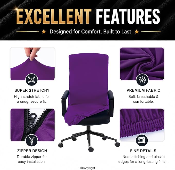 Stretch Computer Office Chair Cover with Durable Zipper - Universal Washable Removable Spandex Rotating Boss Chair Slipcovers - Anti-dust Soft Desk Chair Seat Protector for Dogs, Cats, Pets (Purple)