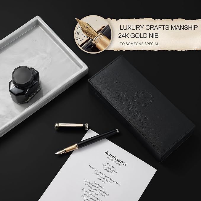 Black Luxury Fountain Pen Set for Men and Women with Gift Box, 24K Gold Finish and Gilded Nib(Extra Fine) with 5 Black Ink Cartridges and Converter