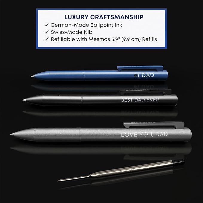 MESMOS Dad Pen Set, Best Ever Birthday Gift for Him from Daughter Son Wife, 3 Engraved Luxury Metal Ballpoint Pens, Cool #1 Fathers Day Gift, Black Ink, Smooth German-Made Writing