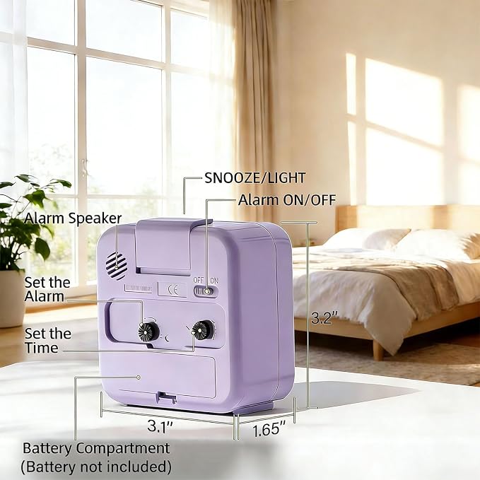 Analog Alarm Clock, Silent,Travel,Snooze, Loud Alarm, Luminous, Purple | Alarm Clock with Night Light, No Ticking Battery Operated Quiet Small Desk Clock for Bedrooms Deep Sleeper Adults Kids