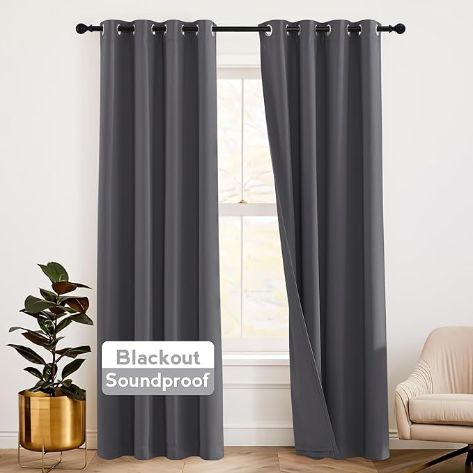 RYB HOME Thermal Curtains Soundproof - 3-in-1 Drapes Noise Barrier - Blackout - Thermal Insulated Curtains for Bedroom Room Divider High Ceiling Window Decor, 52 x 95 inch Long, Grey, 2 Pcs