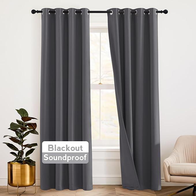RYB HOME 100% Blackout Curtains 72 inch, 3 Layers Drapes with Noise Absorbing Liner Soundproof Thermal Insulated Privacy Backdrops for Bedroom Living Room Baby Nursery, 52 x 72 inch, Grey, Set of 2