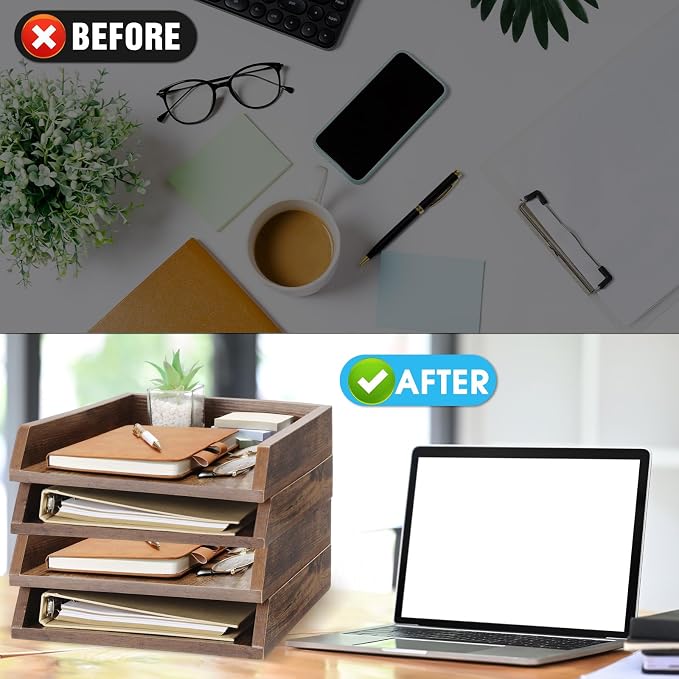 DoubleFill 4 Pcs Wooden Letter Trays 2 Tier Desktop Paper Organizer Wood Letter-Size Desk Document Tray Heavy Duty Stackable Paper Drawer Holder File Folder Back to School Office Home (Dark Wood)