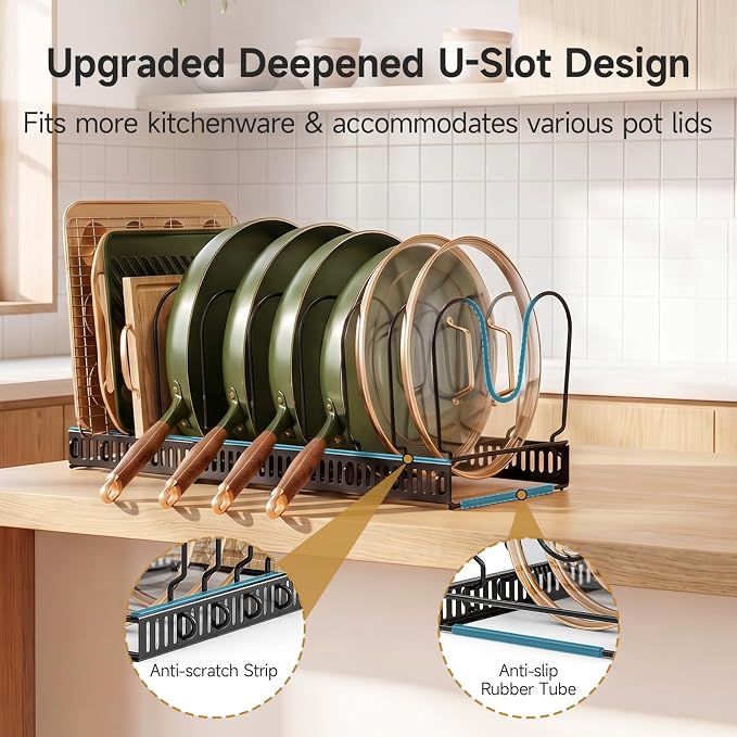 MUDEELA Pot Lid Organizer for Cabinet, Expandable Baking Pan Rack 10 Slots | 11.8–22.9" Expandable, 10 Adjustable Divider, Tool-Free Assembly, Non-Slip, Scratch-Proof, For Pan Lid Cutting Board Bakeware