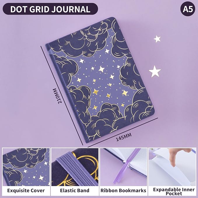 Dot Grid Journal with 160GSM Thick Paper, 192 Pages, A5 Dotted Notebook for Work, School, Travel | 180° Lay Flat, Foil Stamped Cover, Elastic Band, 2 Bookmarks & Inner Pocket (Dark Purple)