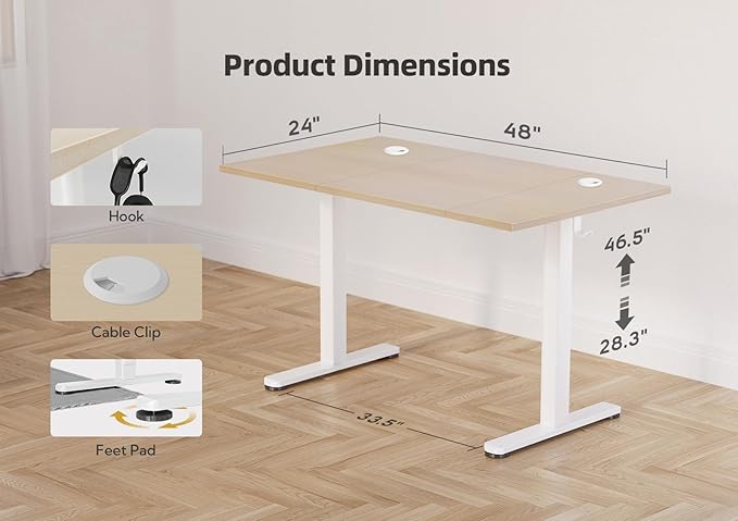 YDN Electric Standing Desk Adjustable Height, 48 x 24 Inches Stand up Desk with Cable Management, Home Office Desks with Splice Board & White Frame, Nature Top
