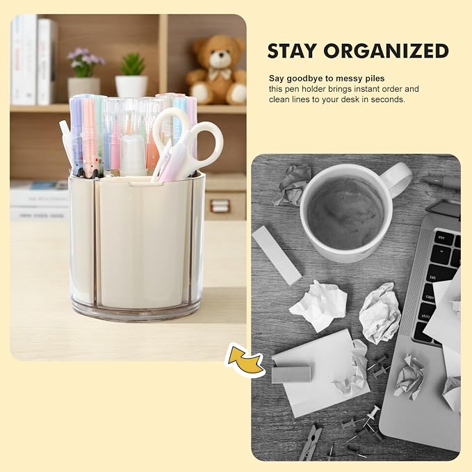 Comix 360° Rotating Pen Holder for Desk, Beige Pencil Holder with 5 Slots | Expandable Capacity, Acrylic Pen Organizer Easy to Clean, Cute Pencil Cup for Home School Office Art Supplies