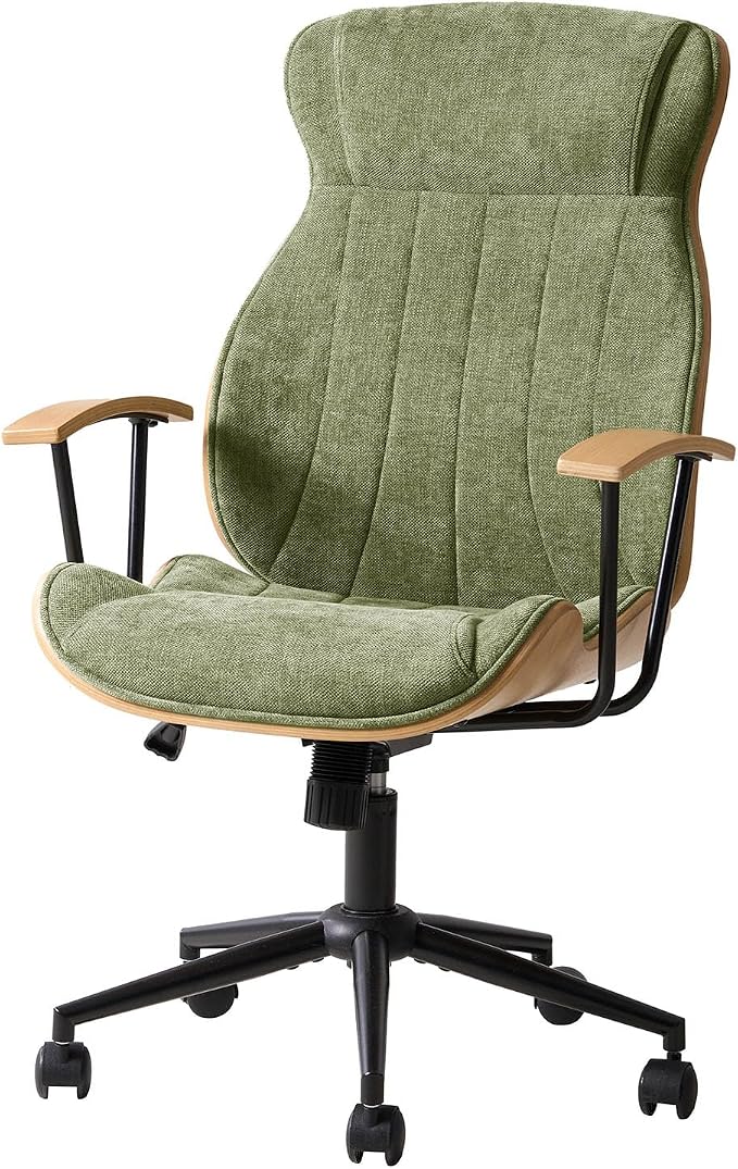 HULALA HOME Solid Wood Office Chair with High Backrest, Green | Mid Century Modern Bentwood Desk Chair with Tilt Function, Swivel Fabric Computer Task Chair, Height Adjustable, Metal Base