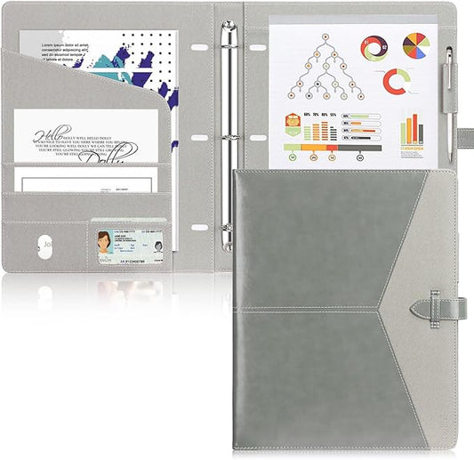 Toplive Padfolio 3 Ring Binder Organizer Business Portfolio Folder for Women, A4/ Letter Size PU Leather Portfolio Padfolio for Interview Conference Presentation, Grey