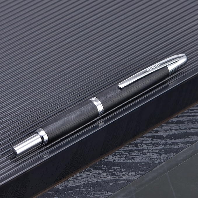 Jinhao 10 Press Fountain Pen with Box, Wavy Matt Black Chromium Retractable Extra Fine Nib with Ink Converter Set (Silver Clip)