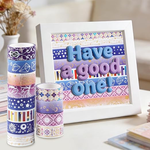 12 Rolls Galaxy Washi Tape Set Purple Stars Decorative Tapes Silver Gold Foil Masking Tape for Scrapbook Bullet Journal Planner DIY Art Craft Party Decor Gifts Wrapping