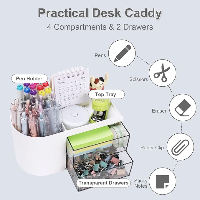 Meiikun Desk Organizer with Drawer, Pen Organizer for Desk, Small Pencil Holder, Desk Organizers and Accessories for Office Home Storage (2 Drawers+4 Compartments, White)