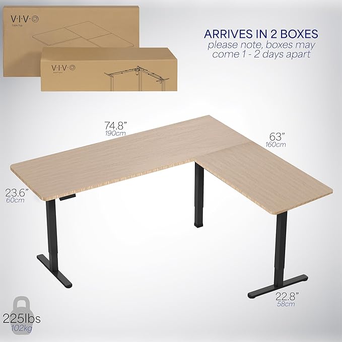 VIVO Corner Standing Desk, 75 x 63 inch Reversible L-Shaped Workstation, Electric Height Adjustment, Home, Office, and Reception Rooms, Real Bamboo Table Top Black Frame, DESK-E3CTBO-75