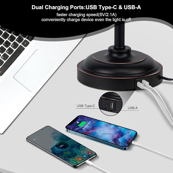 2 Pack Industrial Desk Lamp with 2 USB Charging Port,Black Metal Table Lamp,Adjustable Head Lamp with USB Port for Office Living Room Dorm Farmhouse Reading