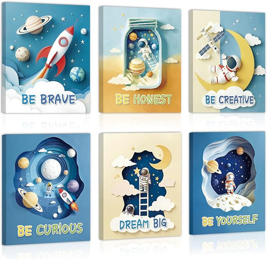 CHDITB Space Astronaut Kids Framed Canvas Wall Art Nursery Inspirational Artwork,Outer Space Galaxy Wall Decor,Rocket Planets Motivational Poster,Boys Prints For Living Room Bedroom Decor 8”X10”X6