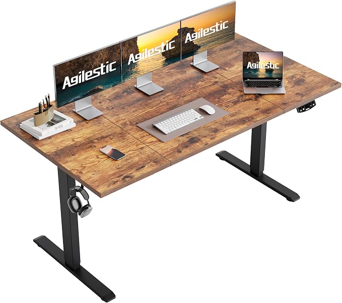 Agilestic Electric Standing Desk, 63 x 23.6 Inches Height Adjustable Desk, Sit Stand up Desk for Work Office Home, Splice Board, Rustic Brown