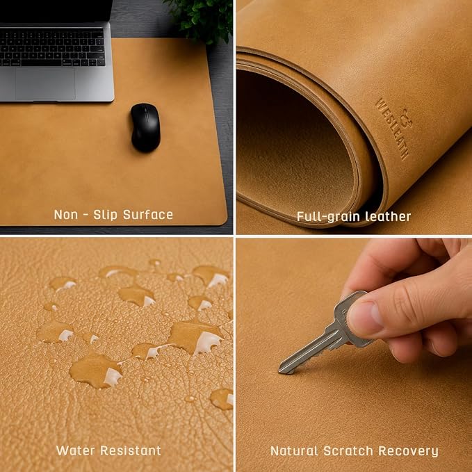 Premium Leather Desk Mat, Full Grain Leather Desk Pad Protector & Desk Blotter, Waterproof Non-Slip Writing Surface for Keyboard, Mouse & Laptop, Desk Pad for Home & Office (Tan, Small)