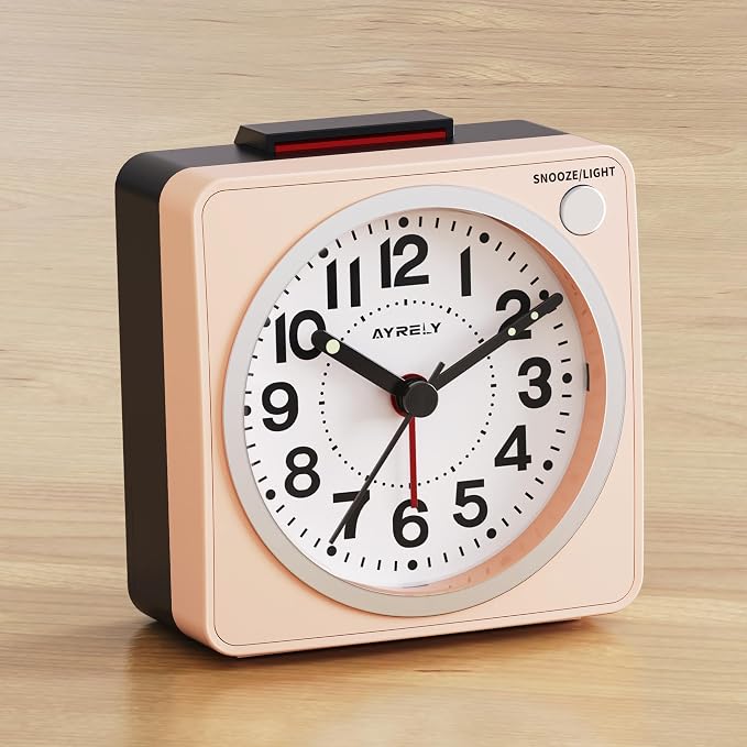 AYRELY® 2.6" × 1.4" Ultra Small Battery Operated Analog Travel Alarm Clock | Silent Non-Ticking Retro Bedside Table Clock with Snooze, Light and Easy Top Alarm Switch for Travel and Bedrooms (Pink)